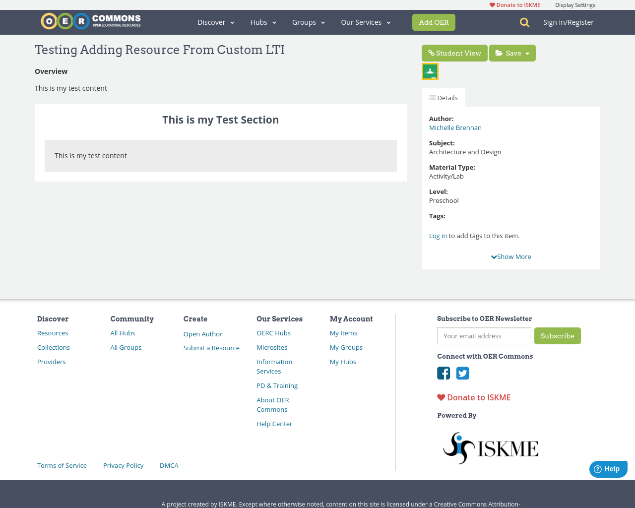Testing Adding Resource From Custom LTI OER Commons