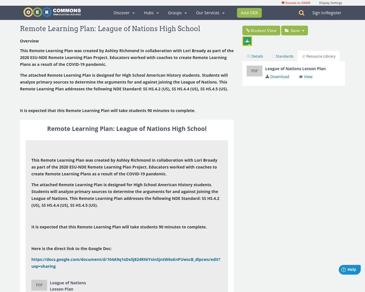 Remote Learning Plan: League of Nations High School | OER Commons