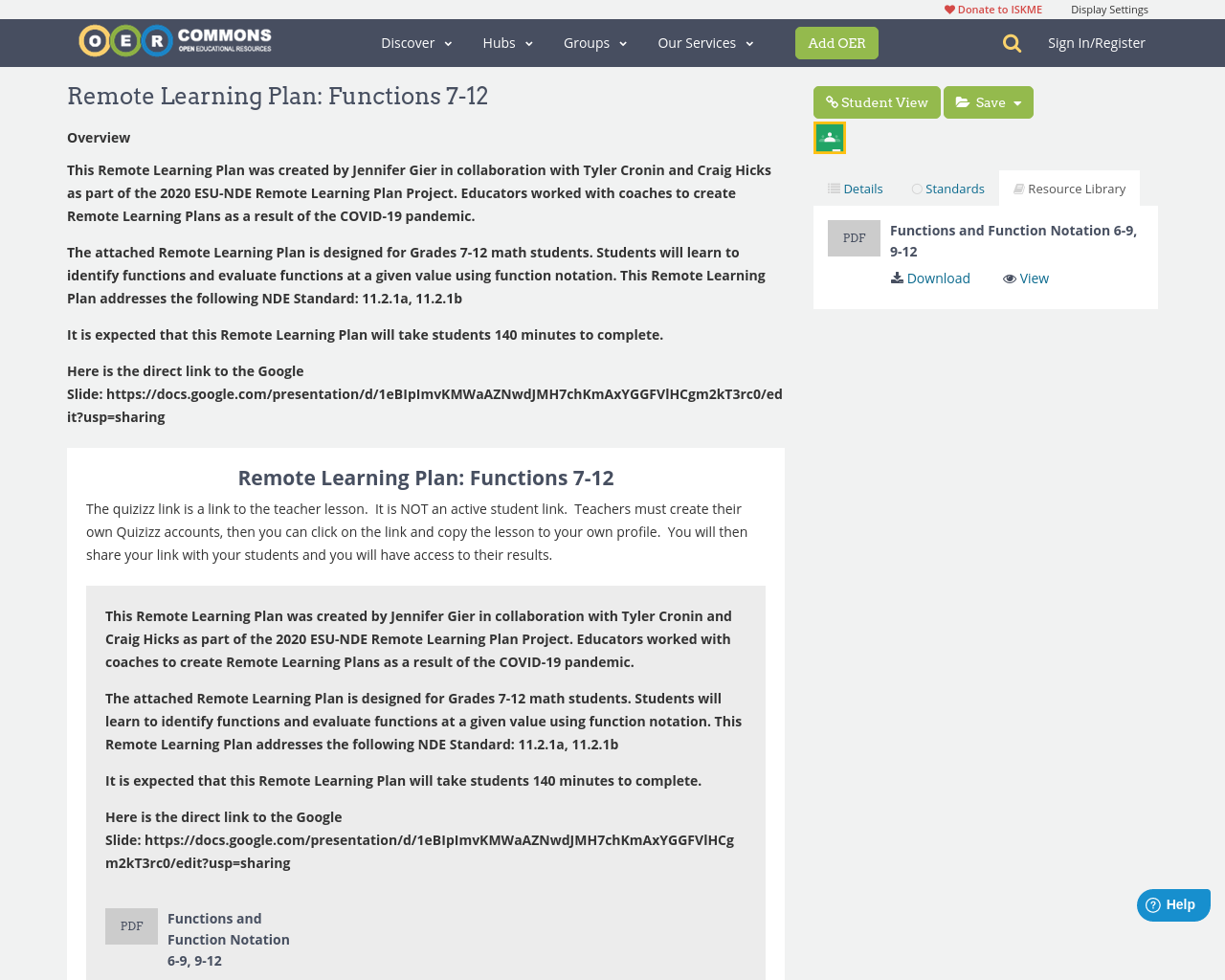 Remote Learning Plan: Functions 7-12 | OER Commons