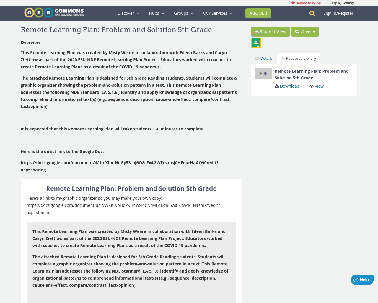 Remote Learning Plan: Problem and Solution 5th Grade | OER Commons