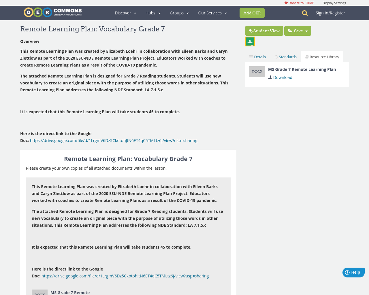 Remote Learning Plan Vocabulary Grade 7 OER Commons