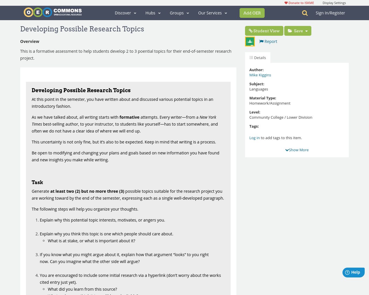 Developing Possible Research Topics | OER Commons
