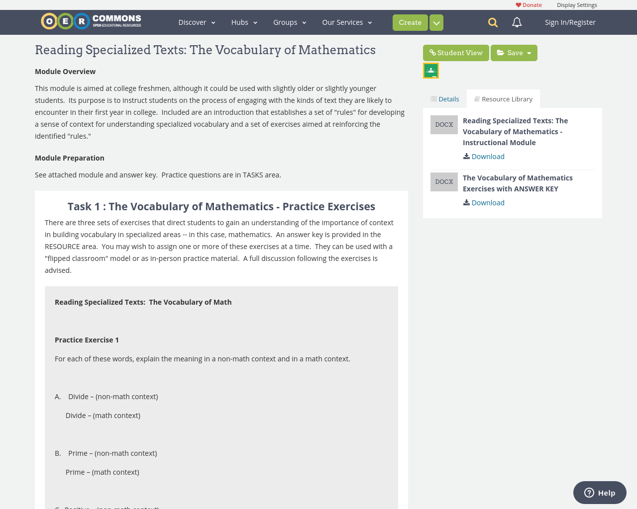 Reading Specialized Texts The Vocabulary of Mathematics OER Commons