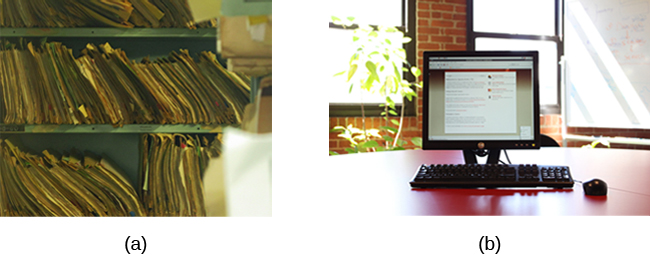 (a) A photograph shows stacks of paper files on shelves. (b) A photograph shows a computer.