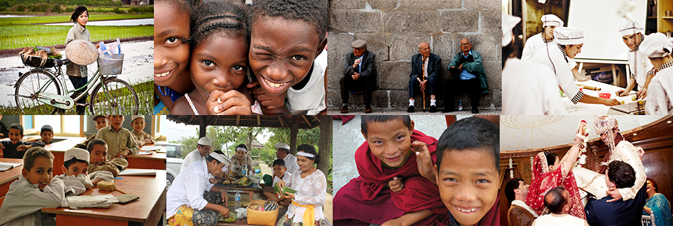 A photo montage composed of eight photographs arranged in two parallel rows of four. From the top-left-hand-side, the photos are as follows: a person with a bicycle standing in a rice paddy, three children, three elderly people sitting along a rock wall, four cooks standing around a table, a classroom of students, a group of people seated at a covered outdoor table, two children wearing robes, and two people being held up by other people during a wedding ceremony.