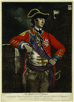 A portrait of General William Howe is shown. He wears a red military coat, a tricorner hat, and a sword.