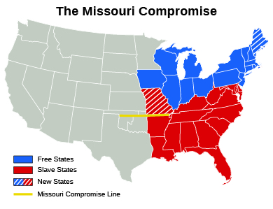 A map of the Missouri Compromise indicates free states, slave states, new states, and the Missouri Compromise line.