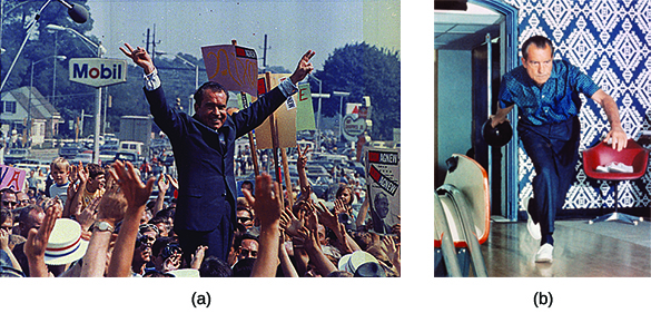 Photograph (a) shows Richard Nixon elevated in the middle of a large crowd, with his arms outstretched in a “V”; he also forms “V” shapes with the second and third fingers of each hand. Photograph (b) shows Nixon bowling in the White House bowling alley.