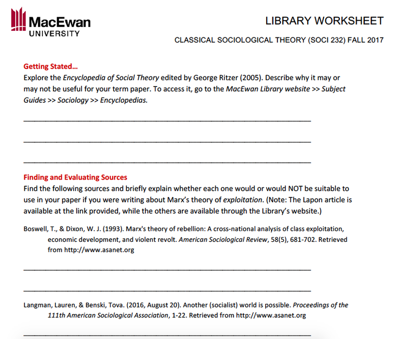 Classical Sociological Theory Library Worksheet
