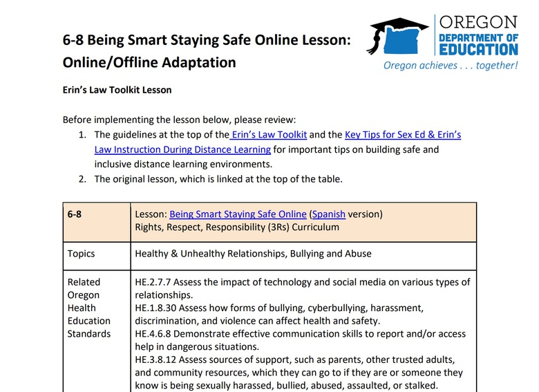 6-8 Being Smart Staying Safe Online Lesson (Online/Offline Adaptation)