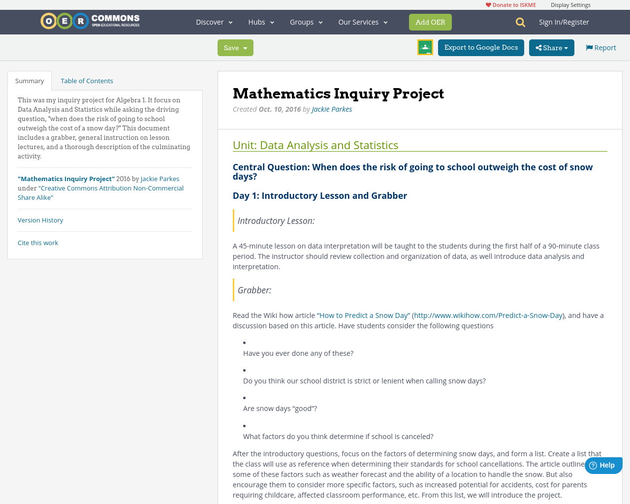 Mathematics Inquiry Project | OER Commons