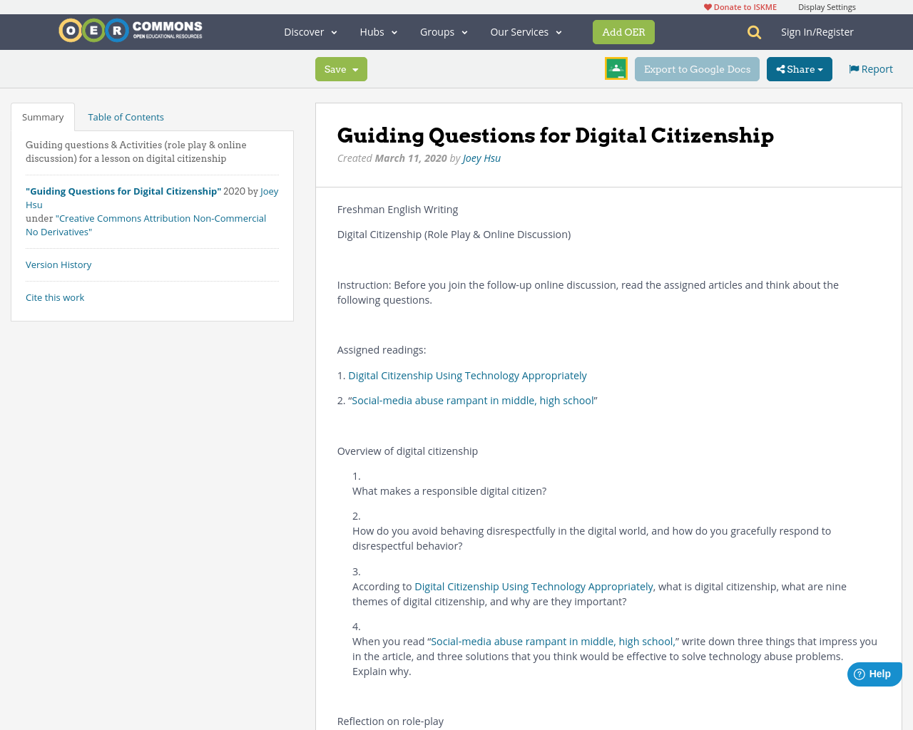 Guiding Questions for Digital Citizenship OER Commons