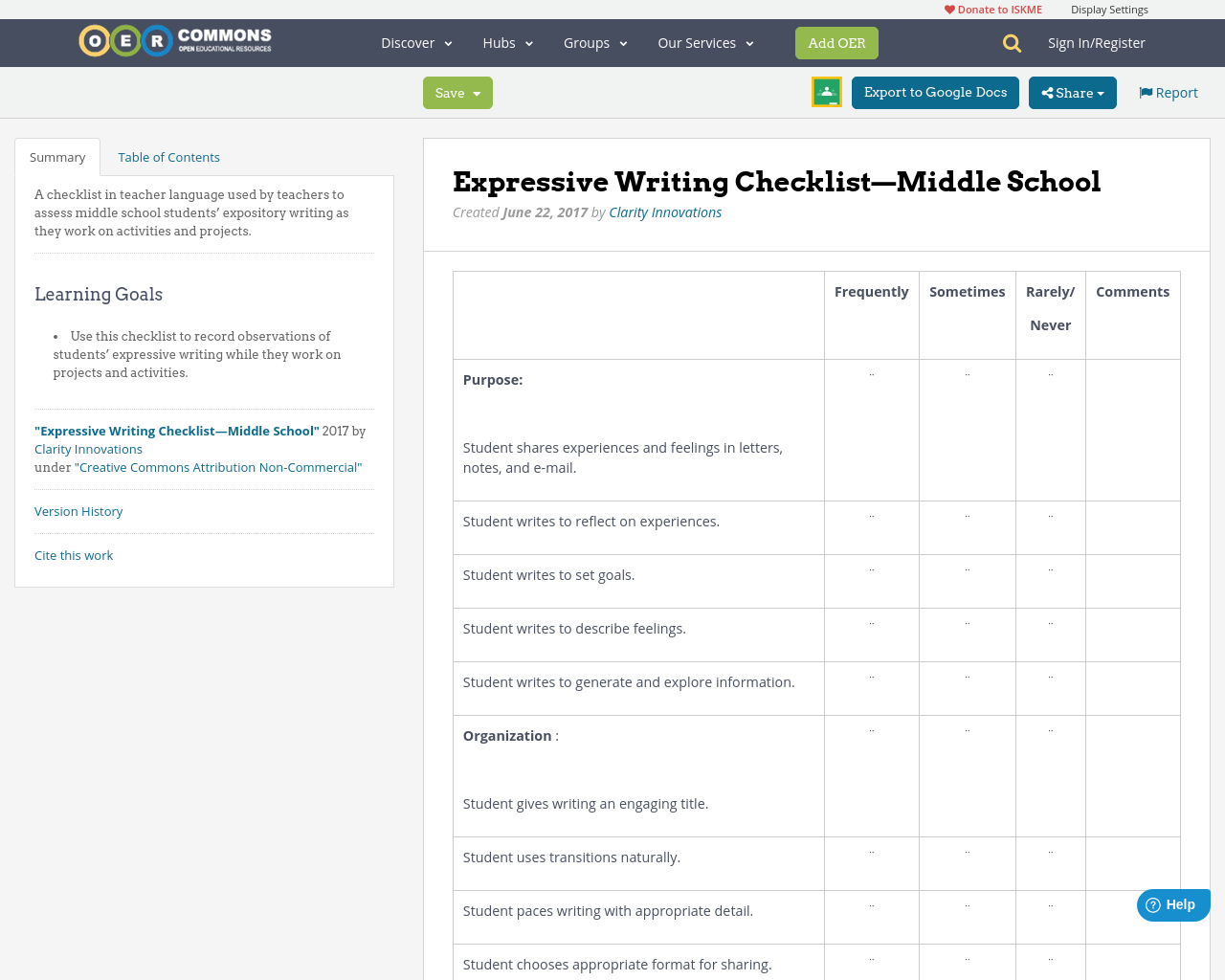 Expressive Writing Checklist—Middle School OER Commons
