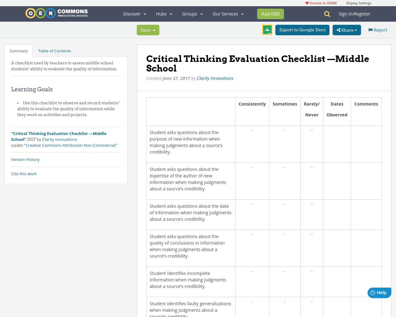 Critical thinking observation checklist picture