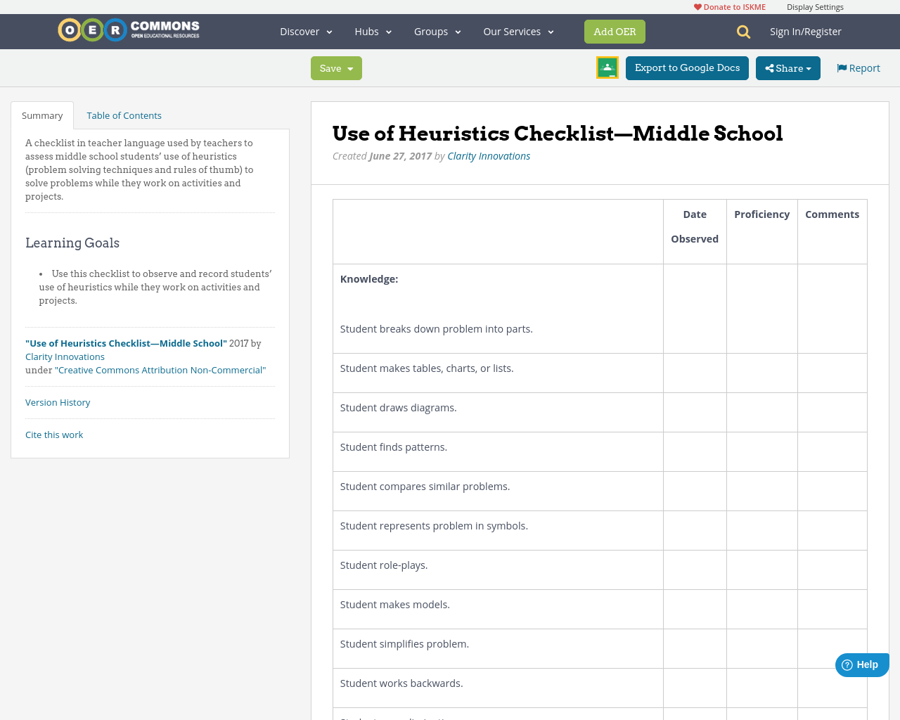 Use of Heuristics Checklist—Middle School | OER Commons