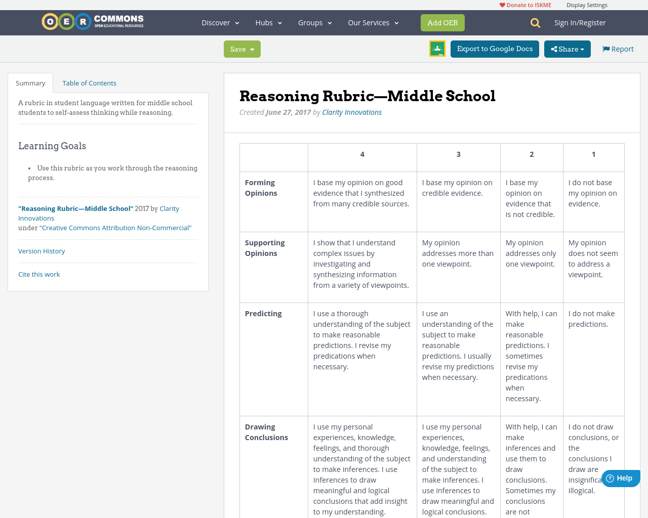 Reasoning Rubric—Middle School | OER Commons