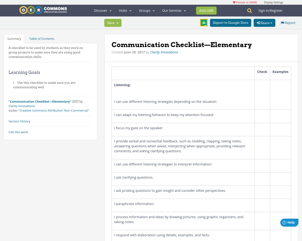 Communication Learning Environment Checklist Communication Checklist—Elementary | OER Commons