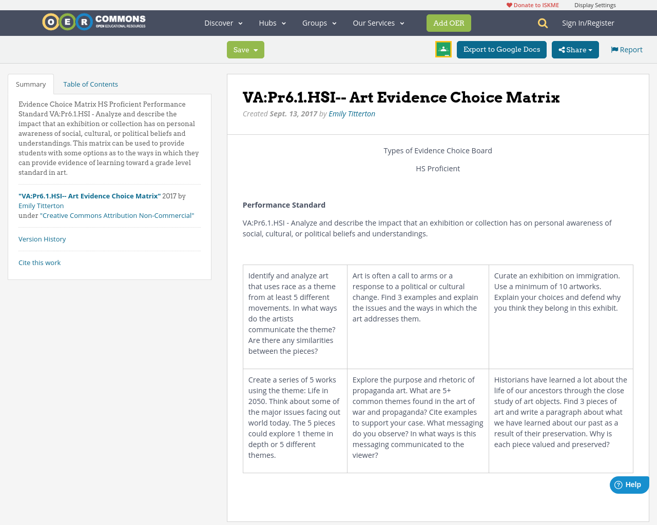 VA:Pr6.1.HSI-- Art Evidence Choice Matrix | OER Commons