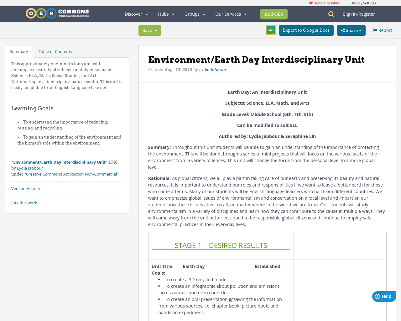 Environment/Earth Day Interdisciplinary Unit OER Commons