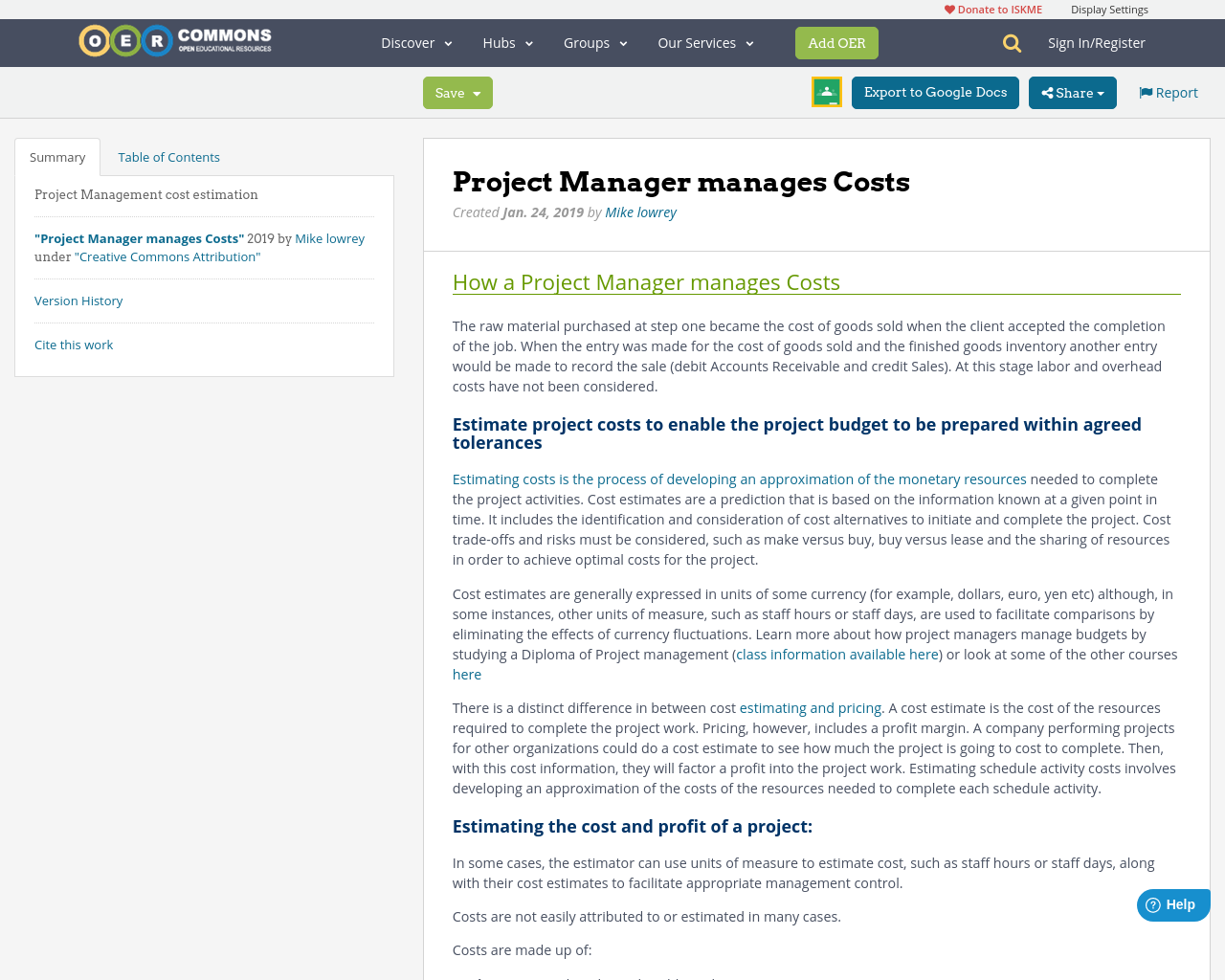 Project Manager Manages Costs OER Commons