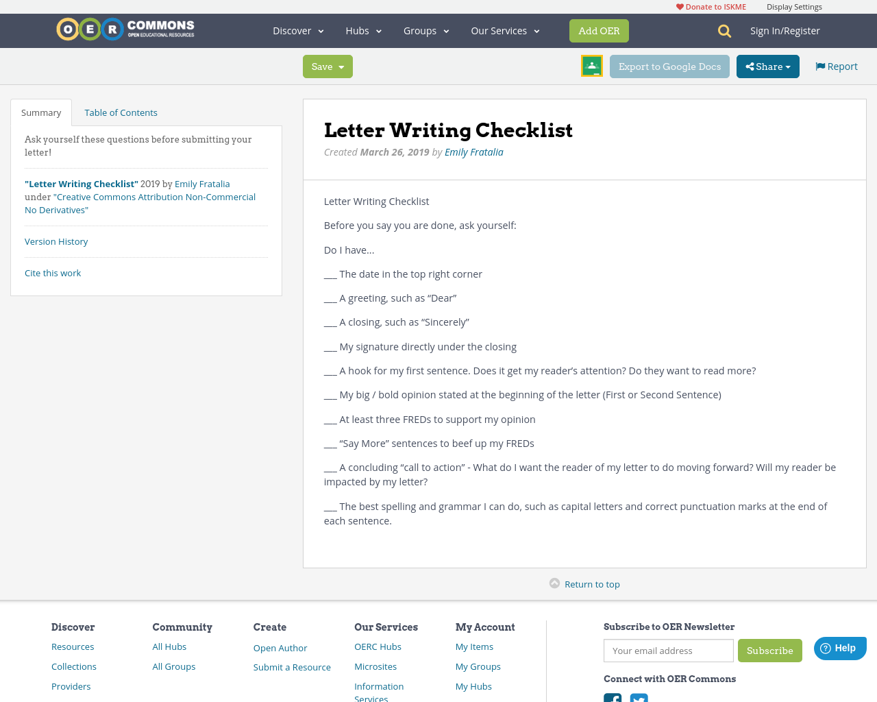 Letter Writing Checklist OER Commons