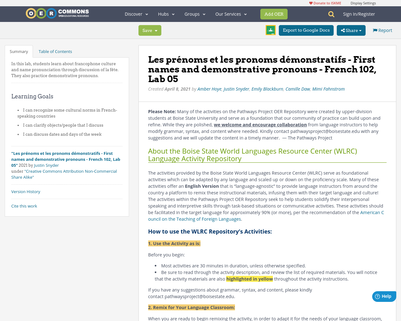 French Level 2, Activity 05 Les prénoms et les pronoms démonstratifs