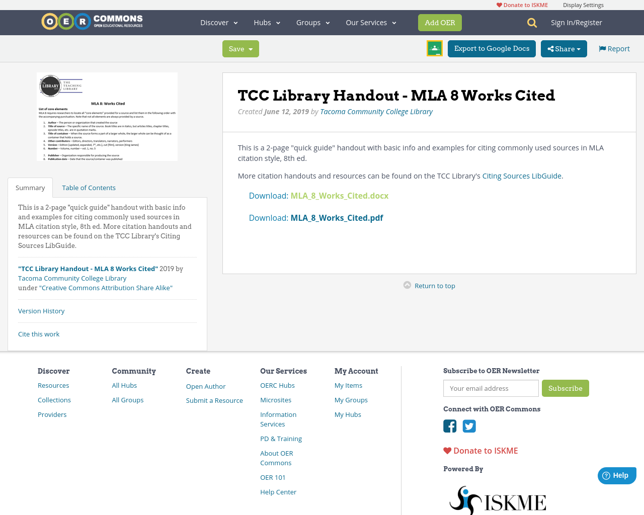 TCC Library Handout MLA 8 Works Cited OER Commons