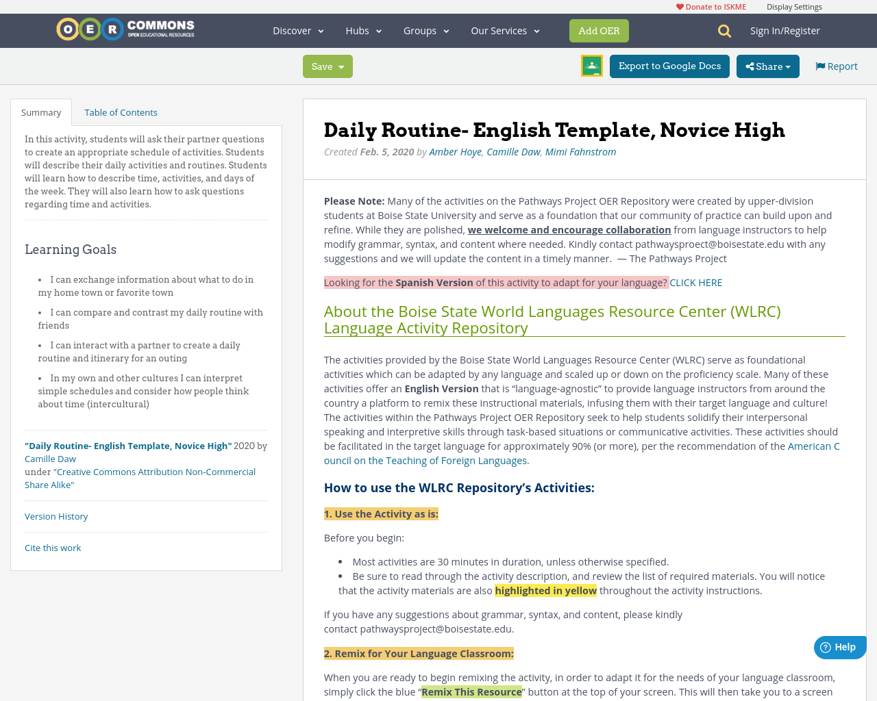 Daily Routine English Template Novice High Oer Commons